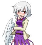  1girl belt blush bowtie collared_shirt dress feathered_wings flustered hand_on_own_chin jacket katsumi5o kishin_sagume nervous open_mouth red_eyes shirt short_hair silver_hair single_wing solo sweat thinking touhou wings 