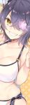  :d bikini breasts cleavage eyepatch kaguyuzu kantai_collection open_mouth purple_hair short_hair side-tie_bikini smile swimsuit tenryuu_(kantai_collection) yellow_eyes 