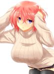  1girl adjusting_hair black_legwear blue_eyes blush breasts clothes_pull expressionless large_breasts looking_at_viewer original ribbed_sweater short_hair solo sweater sweater_pull thigh-highs watarui white_background 