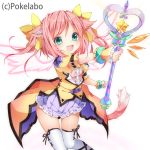  1girl animal_ears bow bracelet chico152 green_eyes hair_bow jewelry magical_girl official_art original pink_hair pink_wings rengeki_no_bravehearts solo star tail text wand wings 