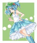  1girl adapted_costume blue_eyes blue_hair boots cucumber dress eating hair_bobbles hair_ornament hand_on_hip hat highres kawashiro_nitori touhou twintails zhu_xiang 