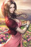  1girl aerith_gainsborough bow bracelet braid breasts brown_hair cleavage closed_mouth dress field final_fantasy final_fantasy_vii flower flower_field green_eyes hair_bow highres lips long_hair mountain neck_ribbon pink_dress polearm ribbon signature solo staff stanley_lau sunlight weapon wrist_cuffs 