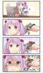  1girl 4koma comic computer hair_bobbles hair_ornament ido_(teketeke) kantai_collection laptop pink_hair sazanami_(kantai_collection) school_uniform short_hair solo twintails usb 