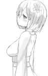  1girl arms_at_sides breasts flower from_side hair_flower hair_ornament hair_over_one_eye hairclip hamakaze_(kantai_collection) highres japanese_clothes kantai_collection kimono large_breasts ma-a monochrome obi profile sash short_hair simple_background sketch solo upper_body white_background 