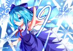  1girl blue_eyes blue_hair bow cirno dress hair_bow ice ice_wings multiple_girls one_eye_closed outstretched_arm ribbon short_hair short_sleeves smile snowflakes solo touhou wings 