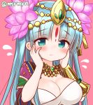  1girl aqua_eyes bangs blue_hair blunt_bangs blush breasts circlet cleavage facial_mark flower flying_sweatdrops hair_flower hair_ornament hands_on_own_cheeks hands_on_own_face jewelry large_breasts marshmallow_mille necklace parvati_(p&amp;d) puzzle_&amp;_dragons solo twitter_username vambraces 