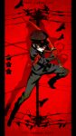  1boy absurdres artist_name black_hair blood blood_on_face copyright_name gakuran gloves hair_over_one_eye hat highres kamezaemon male_focus mouth_hold original peaked_cap red_background red_eyes red_gloves school_uniform shaded_face sword weapon 