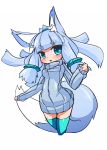  1girl animal_ears blue_hair blush eyebrows fox_ears fox_girl fox_tail highres kedamaton kogetsu_tooka looking_at_viewer original ribbed_sweater simple_background solo sweater tail thigh-highs white_background 