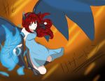  1girl bare_shoulders blue blue_fire boots charizard closed_mouth diadem fire long_hair magiakarta monster_girl nintendo personification pokemon pokemon_gijinka red_eyes redhead redhead solo thigh_highs winds 