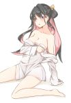  1girl arm_support black_hair blush breasts cleavage collarbone covering covering_breasts full_body kantai_collection large_breasts leaning_back long_hair looking_at_viewer multicolored_eyes multicolored_hair naganami_(kantai_collection) naked_shirt off_shoulder parted_lips pink_hair sayaka_(lamentoso) shirt simple_background solo two-tone_hair violet_eyes white_background white_shirt yellow_eyes 