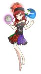  1girl bare_shoulders barefoot chain clothes_writing collar dairi earth full_body hat hecatia_lapislazuli highres long_hair looking_at_viewer moon off_shoulder orb pose red_eyes short_sleeves simple_background skirt smile solo t-shirt touhou white_background 