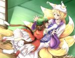  2girls animal_ears blonde_hair brown_hair cat_ears cat_tail chen closed_eyes dress fox_tail hat hat_with_ears incipient_hug jumping leglus long_sleeves mob_cap multiple_girls multiple_tails nekomata open_clothes open_dress outstretched_arms red_dress shirt signature sitting smile tabard tail tatami touhou veranda white_dress wide_sleeves yakumo_ran yellow_eyes 