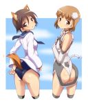  2girls :o adjusting_clothes adjusting_swimsuit animal_ears ass brown_eyes brown_hair crossover looking_back miyafuji_yoshika multiple_girls nagarakawa_shiraku no_pants sakurano_otoha school_swimsuit school_uniform serafuku short_hair sky_girls standing strike_witches swimsuit tail 