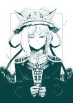  1girl epaulettes flower hat monochrome ribbon rod_of_remorse ryuhey shiki_eiki short_hair skirt solo spider_lily touhou twitter_username 