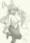  1girl breasts bunny_girl bunny_tail bunnysuit card cleavage detached_collar fishnet_pantyhose fishnets gloves high_heels highres huge_breasts long_hair love_live!_school_idol_project low_twintails pantyhose pas_(paxiti) sketch solo standing_on_one_leg tail toujou_nozomi twintails 