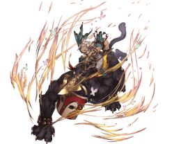  1girl animal_ears armlet bare_shoulders belt bent_over blue_eyes butterfly cat_ears cat_paws claws comic dark_skin dress feathers flower full_body granblue_fantasy grey_hair hair_flower hair_ornament holding holding_weapon meruu_(granblue_fantasy) minaba_hideo official_art open_mouth paws pelvic_curtain polearm riding short_hair side_slit sitting solo sparkle spear thigh-highs transparent_background weapon yellow_legwear 