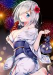  1girl blue_eyes blush breasts cleavage fireworks hair_ornament hair_over_one_eye hairclip hamakaze_(kantai_collection) japanese_clothes kantai_collection kimono rei_(rei&#039;s_room) short_hair silver_hair squid yukata 