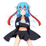  1girl alternate_costume blue_eyes blue_hair cato_(monocatienus) cirno coat collarbone crossed_arms hairband ice ice_wings long_sleeves looking_at_viewer midriff navel no_shirt open_clothes open_coat sarashi skirt smirk solo touhou wings 