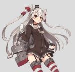  &gt;:. 1girl amatsukaze_(kantai_collection) brown_eyes cowboy_shot cradle_(2849) dress garter_straps gloves grey_background hair_tubes highres kantai_collection long_hair long_sleeves looking_at_viewer rensouhou-kun sailor_dress short_dress silver_hair simple_background single_glove small_breasts solo striped striped_legwear thigh-highs two_side_up white_gloves 