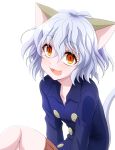  androgynous animal_ears blush cat_ears cat_tail curly_hair doll_joints fang highres hunter_x_hunter looking_at_viewer nefelpitou open_mouth orange_eyes short_hair smile solo tail watarui white_background 