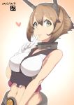  1girl bare_shoulders breasts brown_hair dated gloves gradient gradient_background green_eyes headgear heart highres index_finger_raised kantai_collection looking_at_viewer midriff mku mutsu_(kantai_collection) navel open_mouth short_hair solo upper_body white_gloves 