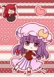  2girls :&lt; :d ^_^ arm_up bat_wings batta_(ijigen_debris) blush capelet chibi closed_eyes crescent dress hair_ribbon happy hat head_wings heart holding koakuma lace_background long_hair long_sleeves looking_at_viewer low-tied_long_hair mob_cap multiple_girls necktie no_nose open_mouth outline patchouli_knowledge pink_background purple_dress purple_hair red_background redhead ribbon shirt sidelocks skirt skirt_set smile striped striped_dress touhou tress_ribbon valentine vertical_stripes vest violet_eyes white_shirt wings 