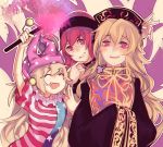 3girls american_flag_legwear american_flag_shirt bare_shoulders black_dress blonde_hair chain chinese_clothes chromatic_aberration clothes_writing clownpiece collar dress fire flare grin hat hecatia_lapislazuli highres jester_cap junko_(touhou) long_hair long_sleeves multiple_girls open_mouth pantyhose red_eyes redhead sash shirt skirt smile star striped tabard touhou vento very_long_hair wide_sleeves 