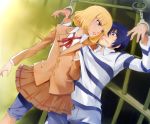  blonde_hair blue_eyes brown_eyes cuffs fujino_kiyoshi handcuffs hime_cut midorikawa_hana miyo_(13th_floor) prison_clothes prison_school school shorts_under_skirt skirt sweat uniform 