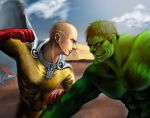  2boys bald cape crossover green_skin highres hulk incoming_punch male marvel multiple_boys onepunch_man saitama_(onepunch_man) superhero 