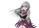  1girl angel_wings book bow brooch dress hand_in_hair ichiba_youichi jacket jewelry kishin_sagume long_sleeves open_book open_clothes open_jacket purple_dress reading red_eyes silver_hair single_wing solo touhou wings 