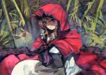  1girl animal_ears bamboo bamboo_forest berabou brooch brown_hair dress expressionless forest hood imaizumi_kagerou jewelry long_hair long_sleeves looking_at_viewer nature red_dress red_eyes solo touhou white_dress wolf_ears 