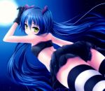  1girl bare_shoulders black_gloves black_skirt blue_hair bow dutch_angle full_moon gloves hair_bow highres innocent_red long_hair looking_at_viewer looking_back moon night night_sky original skirt sky sleeveless solo striped striped_legwear thigh-highs twintails watarui yellow_eyes 