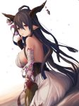 1girl 4th antenna_hair bandaged_arm bare_back blood breasts crescent danua finger_to_mouth fingerless_gloves gloves granblue_fantasy hair_between_eyes highres horns large_breasts parted_lips pointy_ears red_eyes sideboob sitting star 