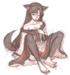  1girl animal_ears bare_shoulders barefoot black_legwear breasts brooch brown_hair cleavage collar_tug collarbone fur imaizumi_kagerou jewelry kuro_suto_sukii long_hair long_sleeves off_shoulder red_eyes restricted_palette shirt sitting sketch skirt solo tail thigh-highs tongue tongue_out touhou very_long_hair werewolf wide_sleeves wolf_ears wolf_tail 