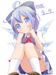  1girl ahoge blue_dress blue_eyes blue_hair bow cirno convenient_censoring convenient_leg dated dress hair_bow highres ice ice_wings knees_together_feet_apart looking_at_viewer makuran puffy_short_sleeves puffy_sleeves shirt short_sleeves sitting smile solo touhou upskirt wings 