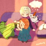  2girls anna_(frozen) blonde_hair chibi closed_eyes couch elsa_(frozen) frozen_(disney) hooreng lap_pillow leaning lying multiple_girls olaf_(frozen) orange_hair siblings sisters sitting sleeping 