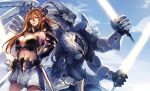  1girl armor breasts brown_hair cleavage gauntlets hand_on_hip highres holding_sword holding_weapon horns kyouya_(mukuro238) long_hair looking_at_viewer monster multiple_arms navel open_mouth original pointy_ears red_eyes sheath shoulder_armor skirt sword weapon 