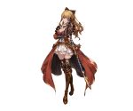  1girl bangs belt black_bow black_legwear blonde_hair boots bow breasts brown_boots cleavage cross-laced_footwear dress empty_eyes full_body gauntlets granblue_fantasy hair_between_eyes hair_bow hand_on_own_face lace-up_boots long_hair minaba_hideo open_mouth orange_eyes ponytail purple_ribbon ribbon sheath sheathed short_dress shoulder_pads sidelocks smile solo standing sword thigh-highs transparent_background vila weapon zettai_ryouiki 