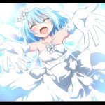  1girl :d ^_^ alternate_costume bare_shoulders blue_hair blush cirno closed_eyes collarbone corsage crying do_(4-rt) dress fang gloves happy_tears incoming_hug open_mouth short_hair smile solo tears touhou veil wedding_dress white_gloves 