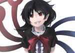  1girl asymmetrical_wings black_dress black_hair bow dress grin houjuu_nue ichiba_youichi pointy_ears puffy_short_sleeves puffy_sleeves red_eyes short_sleeves smile solo touhou upper_body wings 