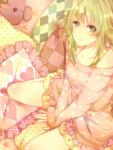  1girl between_legs checkered collarbone green_eyes green_hair gumi hand_between_legs heart looking_at_viewer pecotank pillow sitting skirt star_print stuffed_animal stuffed_toy sweater teddy_bear vocaloid wariza 