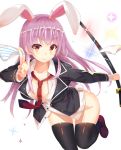  1girl :3 animal_ears ashu black_legwear blazer bottomless breasts bunny_tail downblouse highres katana large_breasts long_hair long_sleeves looking_at_viewer loose_necktie necktie no_bra no_panties open_clothes open_shirt panties purple_hair rabbit_ears red_eyes reisen_udongein_inaba shirt solo sparkle striped striped_panties sword tail thigh-highs touhou underwear very_long_hair weapon 