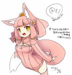  1girl alternate_color animal_ears blush breasts cleavage_cutout dated eyebrows fox_ears fox_tail kedamaton kogetsu_tooka looking_at_viewer open-chest_sweater original pink_hair ribbed_sweater simple_background sketch solo sweater tail translation_request white_background yellow_eyes 