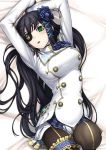  1girl black_hair blush breasts dress eyepatch flower frills green_eyes hair_flower hair_ornament large_breasts leg_band long_hair lying nagisa_(psp2i) pantyhose phantasy_star phantasy_star_portable_2 phantasy_star_portable_2_infinity solo tanaka_shoutarou uniform 