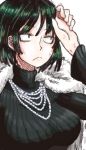  1girl black_hair breasts constricted_pupils feather_boa frown fubuki_(onepunch_man) jewelry large_breasts lowres namake_tarou necklace onepunch_man pearl_necklace ribbed_sweater short_hair solo sweatdrop sweater turtleneck 