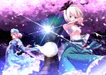  2girls aono_meri bandages bare_shoulders blue_dress blue_eyes breasts cherry_blossoms clothes_around_waist dress dual_wielding hairband hand_on_own_chest hat highres holding_weapon katana konpaku_youmu konpaku_youmu_(ghost) looking_at_viewer midriff multiple_girls outstretched_arm petals pink_hair red_eyes saigyouji_yuyuko sarashi shirtless short_hair sparkle sword touhou tree under_boob weapon white_hair wide_sleeves 