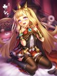  1girl :d black_boots black_legwear blonde_hair blush boots cagliostro_(granblue_fantasy) granblue_fantasy hairband long_hair open_mouth pink_eyes red_skirt sitting skirt smile solo spikes thigh-highs vial wariza yapo_(croquis_side) zettai_ryouiki 