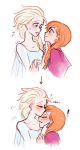  2girls anna_(frozen) blonde_hair blush couple dashingicecream elsa_(frozen) embarrassed eye_contact forehead_kiss frozen_(disney) happy incest kiss looking_at_another multiple_girls orange_hair siblings sisters smile yuri 