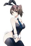  1girl animal_ears black_legwear bowtie breasts brown_eyes brown_hair bunny_tail bunnysuit cleavage detached_collar fake_animal_ears highres itomagoi kaga_(kantai_collection) kantai_collection rabbit_ears short_hair side_ponytail sitting solo tail thigh-highs wrist_cuffs 