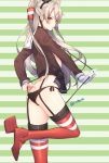  1girl amatsukaze_(kantai_collection) ass black_panties blush brown_eyes garter_straps gloves hair_tubes highres kantai_collection lio_(rumei2265874644) long_hair panties sailor_dress silver_hair solo striped striped_legwear thigh-highs two_side_up underwear 